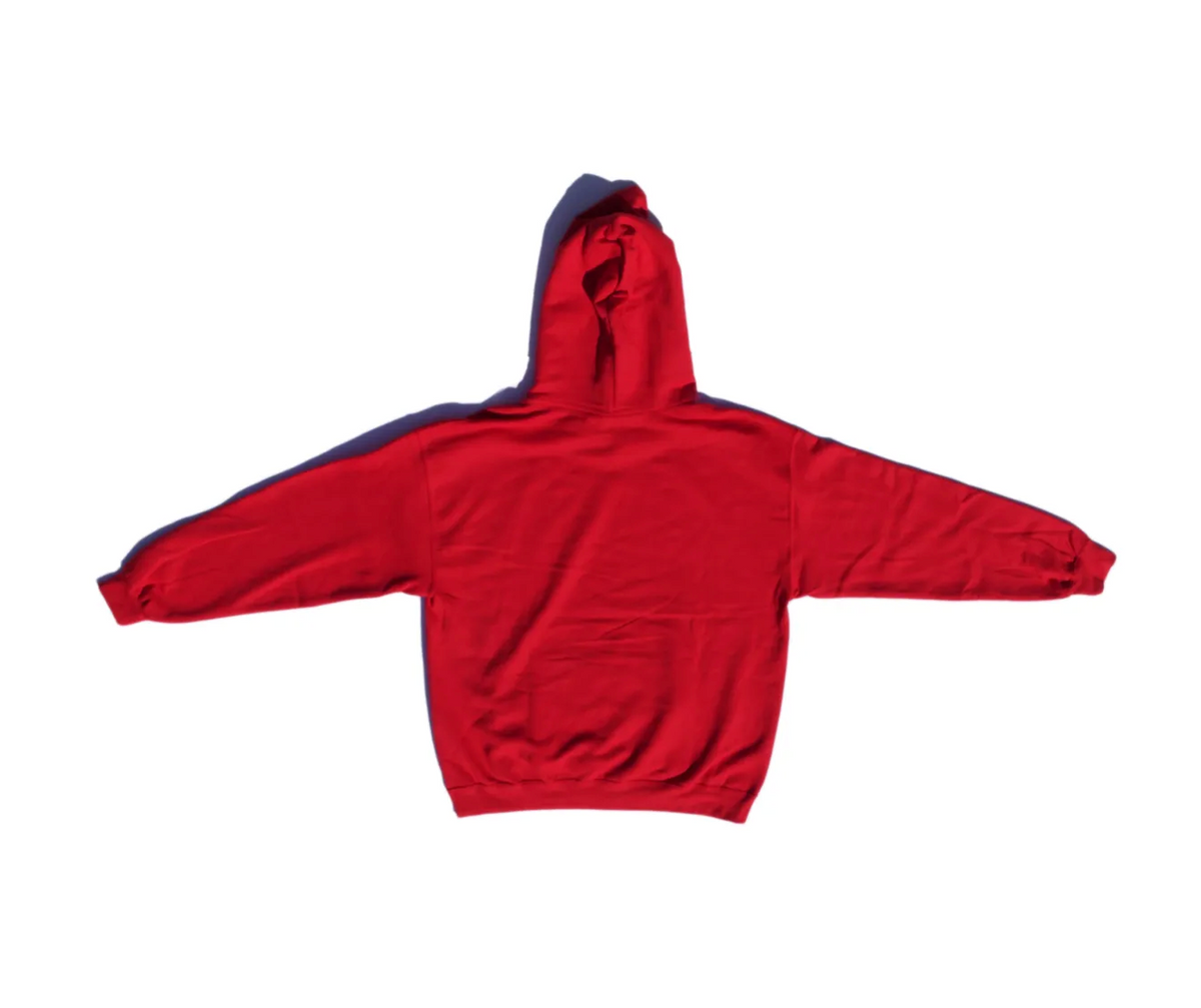 The Ping Pong Surf Club Wet Suit & Cowboy Boots Hoodie, in vibrant red cotton-polyester, is shown laid flat with sleeves and hood extended, back view on a white background.