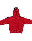 The Ping Pong Surf Club Wet Suit & Cowboy Boots Hoodie, in vibrant red cotton-polyester, is shown laid flat with sleeves and hood extended, back view on a white background.