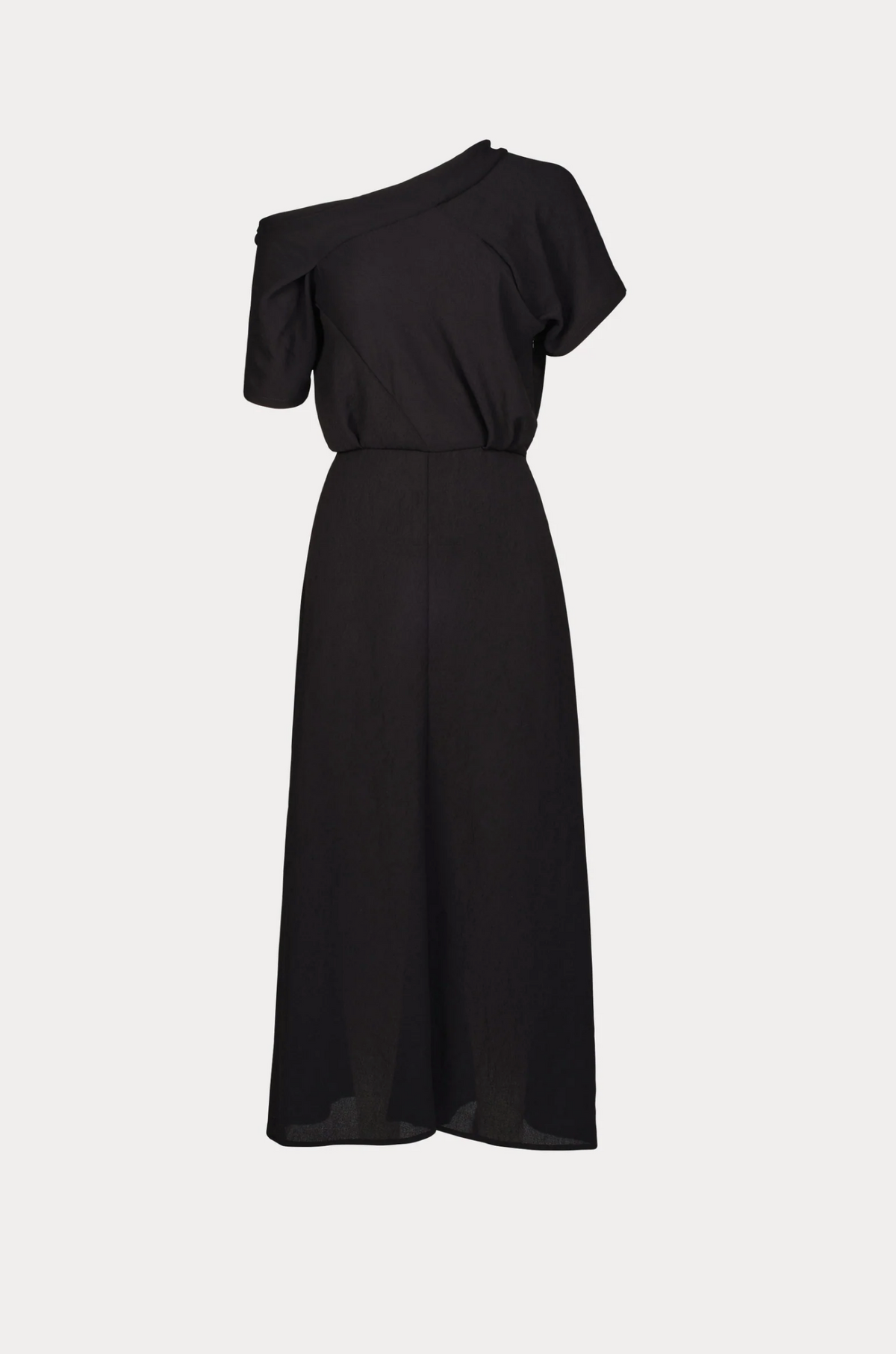 Black off-the-shoulder midi dress in crinkled crepe with fitted waist by Rachel Comey, Pout Dress.