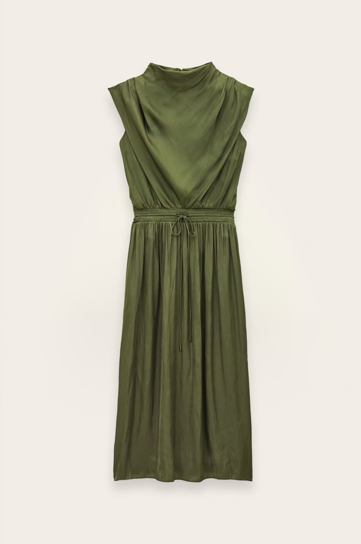 Olive green sleeveless midi dress with gathered waist and draped collar by BA&SH, Celea style.