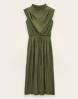 Olive green sleeveless midi dress with gathered waist and draped collar by BA&SH, Celea style.