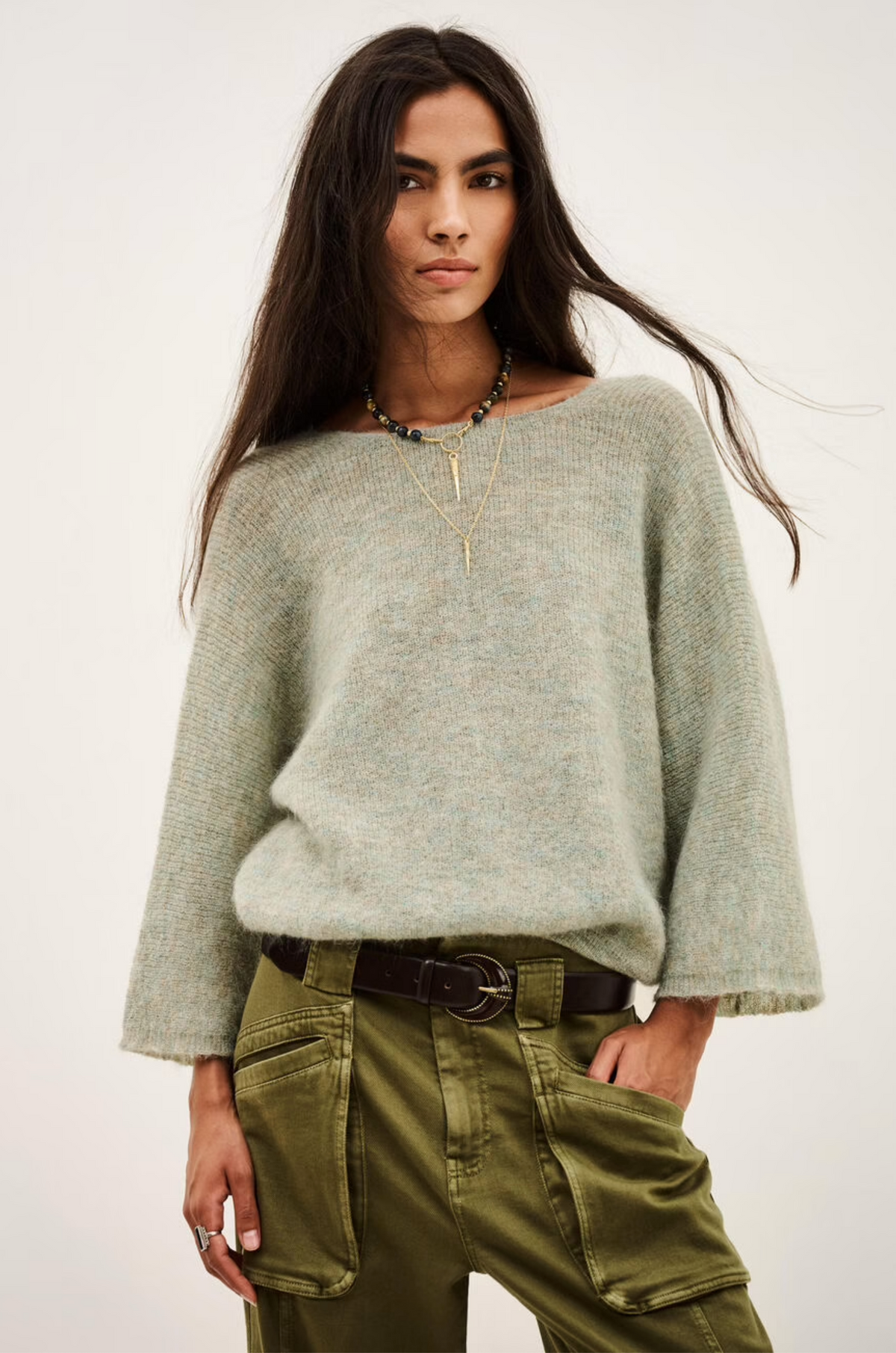 BA&SH Isaac cardigan in cream with olive pants and layered necklaces; effortless, modern style at Bungalow Furniture.