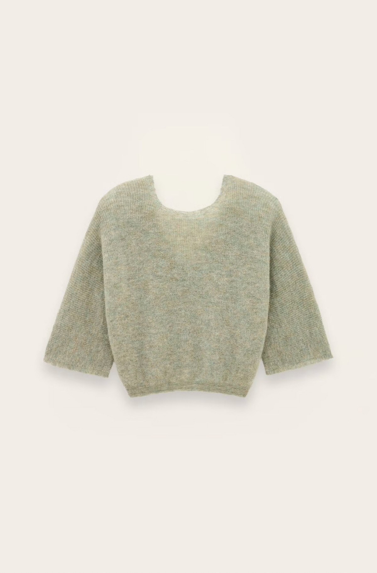 Light grayish-green mohair alpaca cardigan with wide neckline and three-quarter sleeves by BA&SH, Isaac style.
