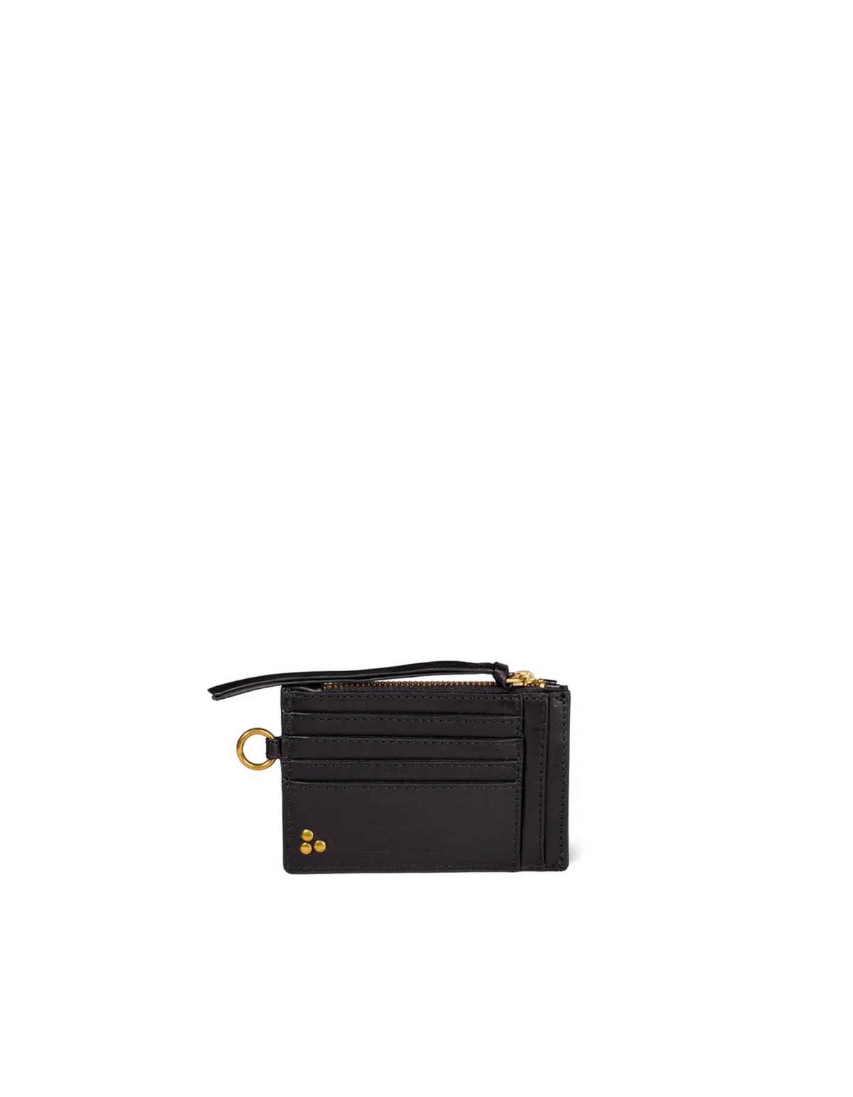 Black leather cardholder with gold accents, zip pocket, and seven slots by Jerome Dreyfuss.