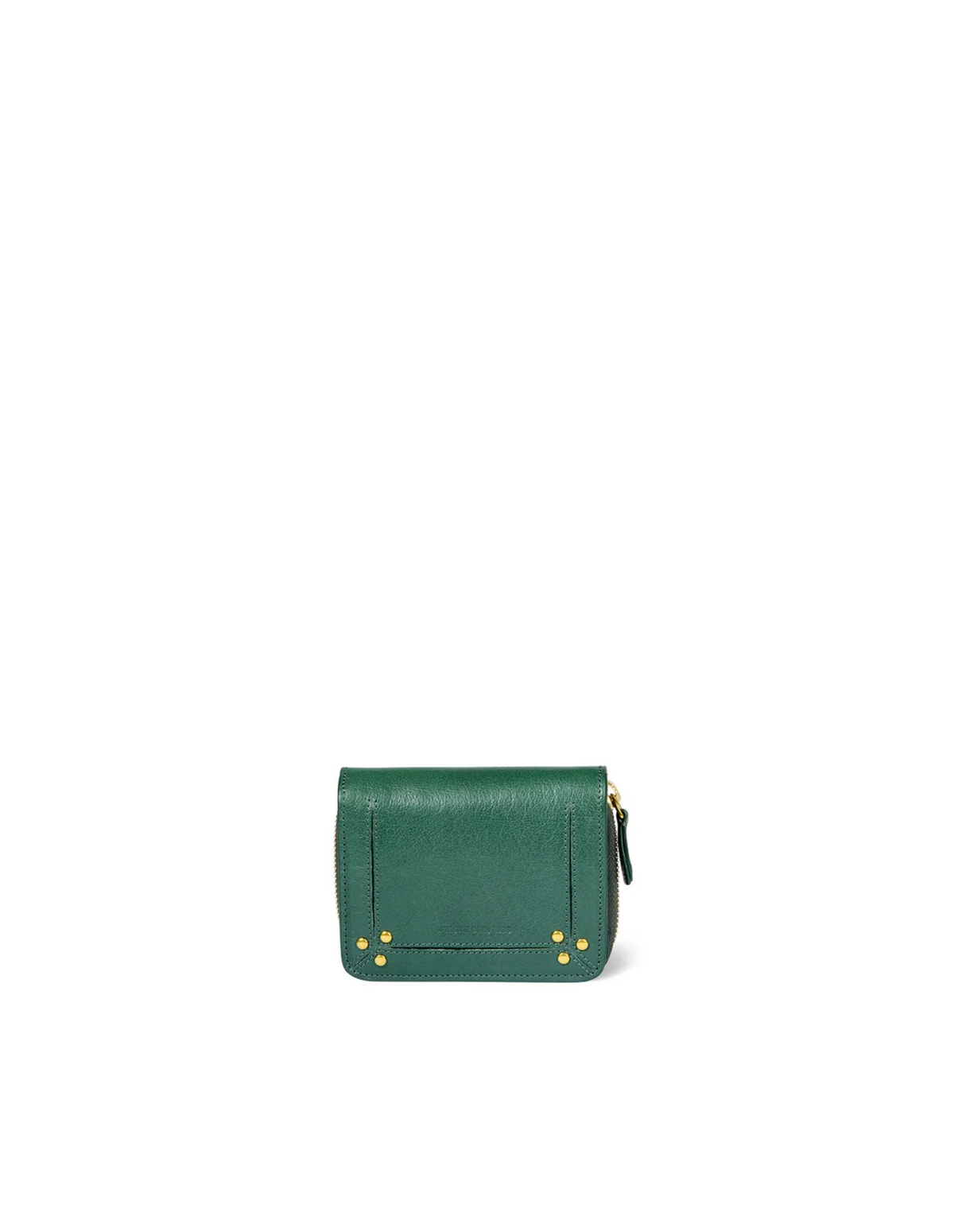 Henri Zip Wallet in avocado-green goat leather with gold rivets by Jerome Dreyfuss on a white background.