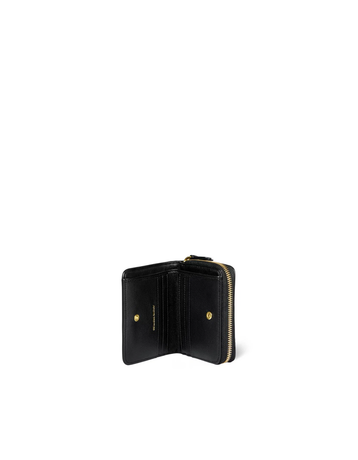 Black leather zip wallet with gold snaps and coin pocket by Jerome Dreyfuss, Henri style, on white background.