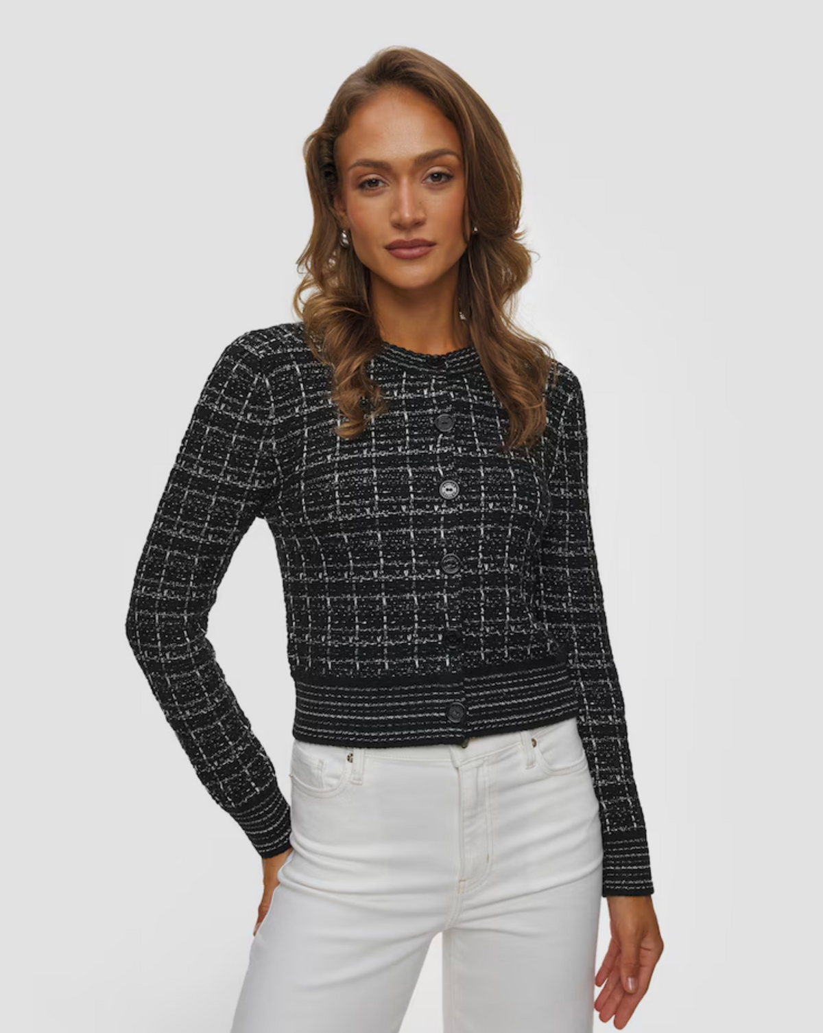 KUJTEN Caroline Cardi Tweed in light pattern, styled with white pants against a light gray backdrop.