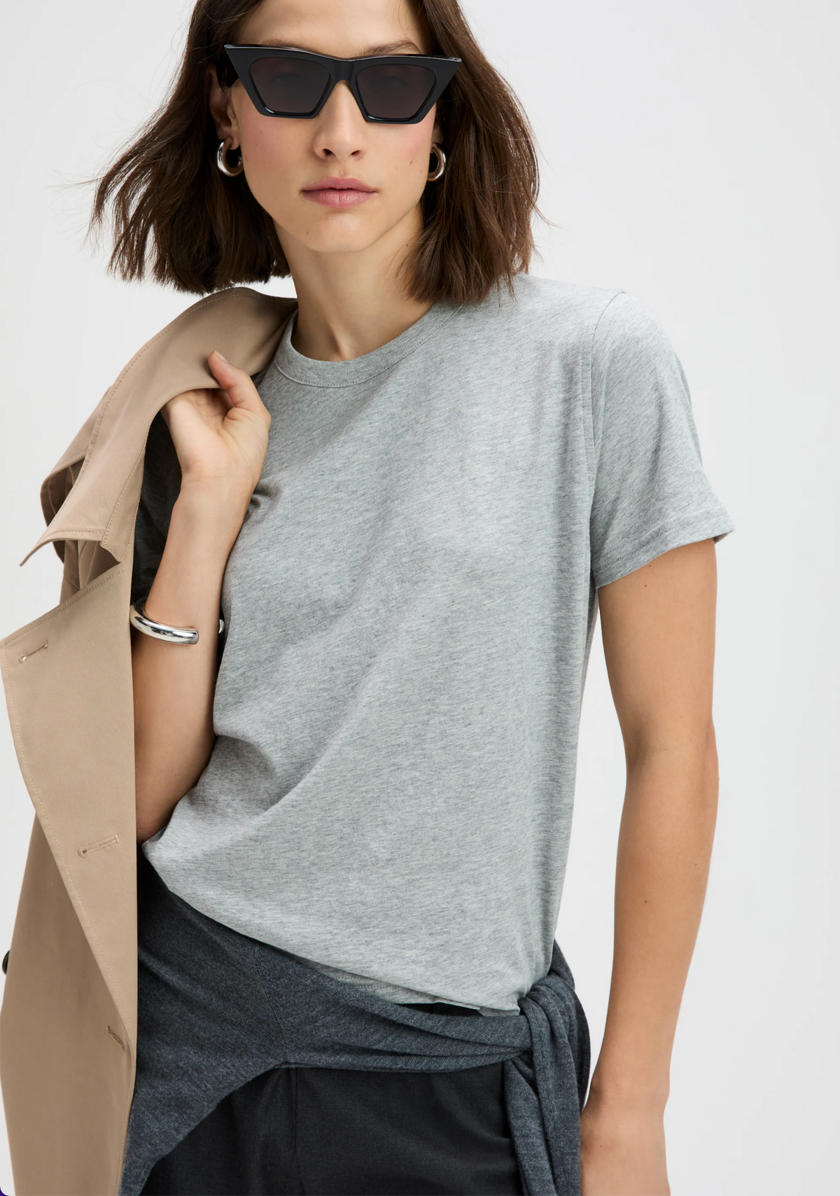 Sold Out NYC Iconically Soft Perfect Tee styled with beige coat; modern look for Bungalow Furniture & Accessories.