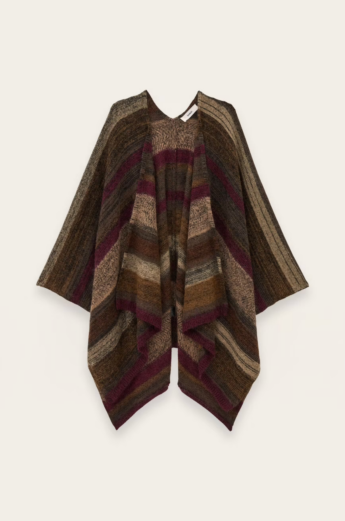 Multicolored striped wool poncho in brown, tan, and burgundy by BA&SH, displayed on a plain light background.