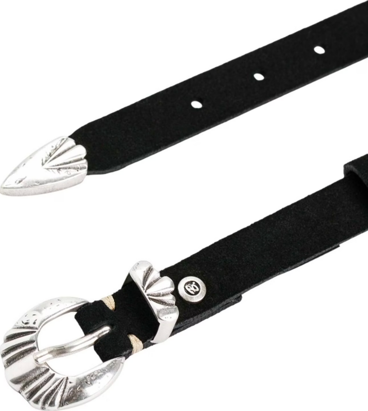 Black leather belt with engraved silver buckle by B.Belt, Pansy 20mm, classic and elegant accessory.