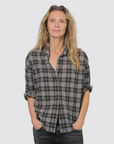 Miles Shirt Plaid in black and white Japanese cotton, worn with rolled sleeves.
