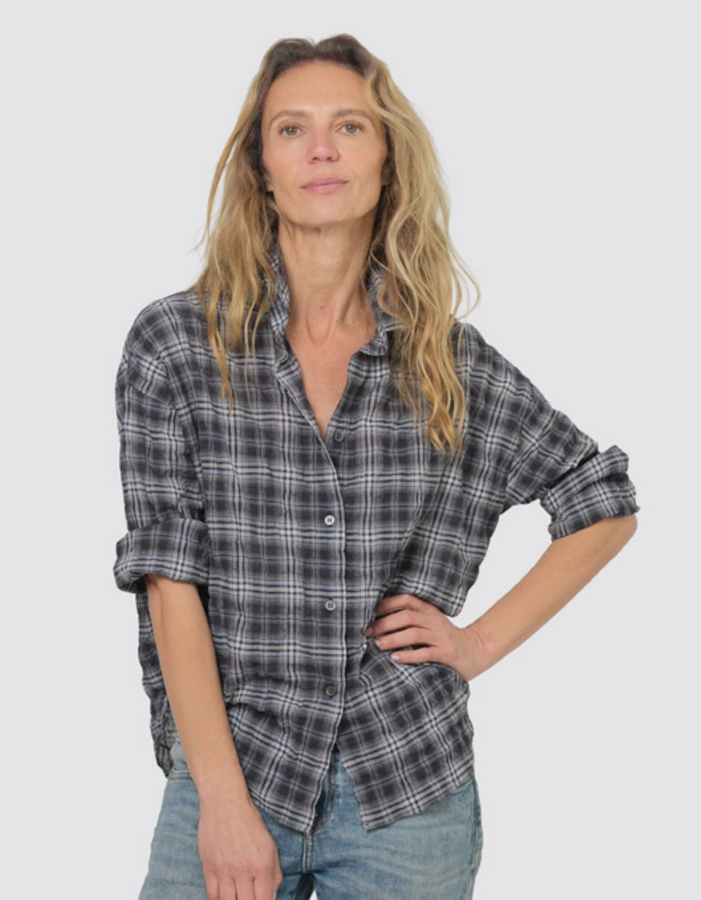 Miles Shirt Plaid in navy Japanese cotton tucked into jeans, Bungalow Furniture &amp; Accessories.