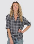Miles Shirt Plaid in navy Japanese cotton tucked into jeans, Bungalow Furniture & Accessories.