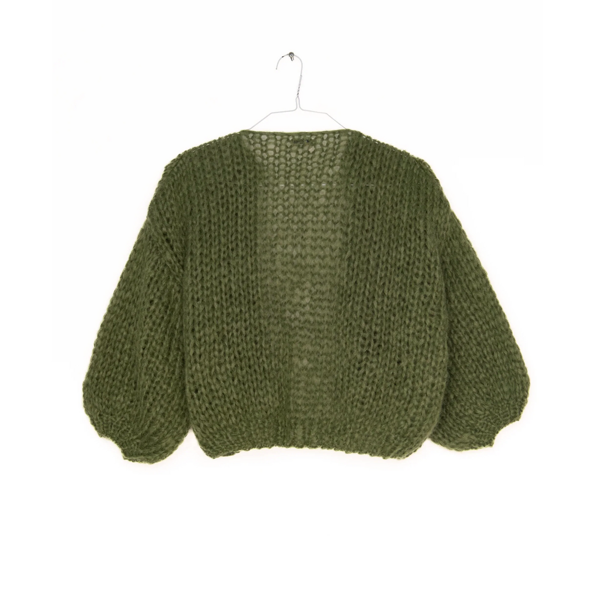 Olive green hand-knitted mohair bomber cardigan with voluminous sleeves, Bungalow Furniture &amp; Accessories.
