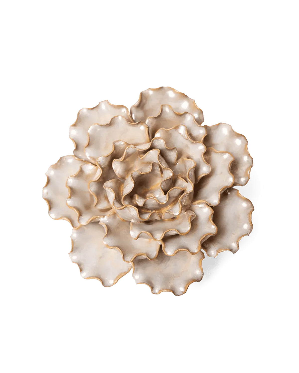 The Faire Sea Lettuce Large Pearl Flower features layered, wavy-edged ceramic petals in a glossy beige finish, resembling a blooming succulent and adding a modern touch to plant wall decor against a white background.