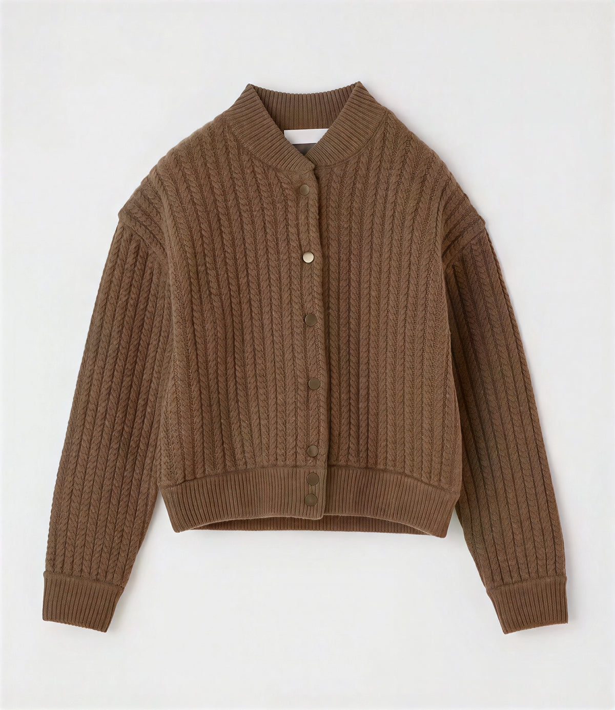 Brown Moussy MV cable knit bomber cardigan with ribbed collar, cuffs, and hem.