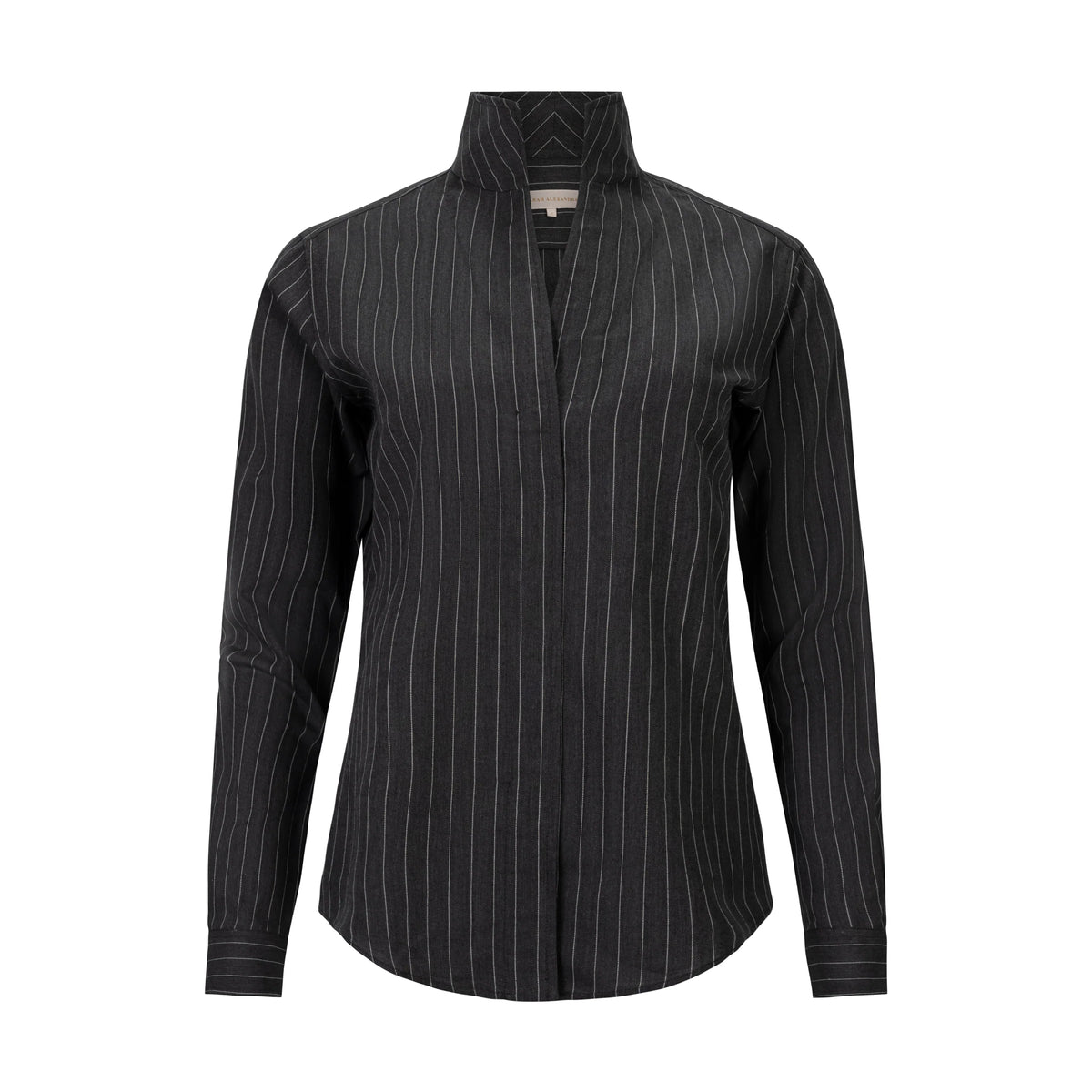 Charcoal pinstripe V-neck tailored shirt in wool-cotton blend by Sarah Alexandra, The Boardroom collection.