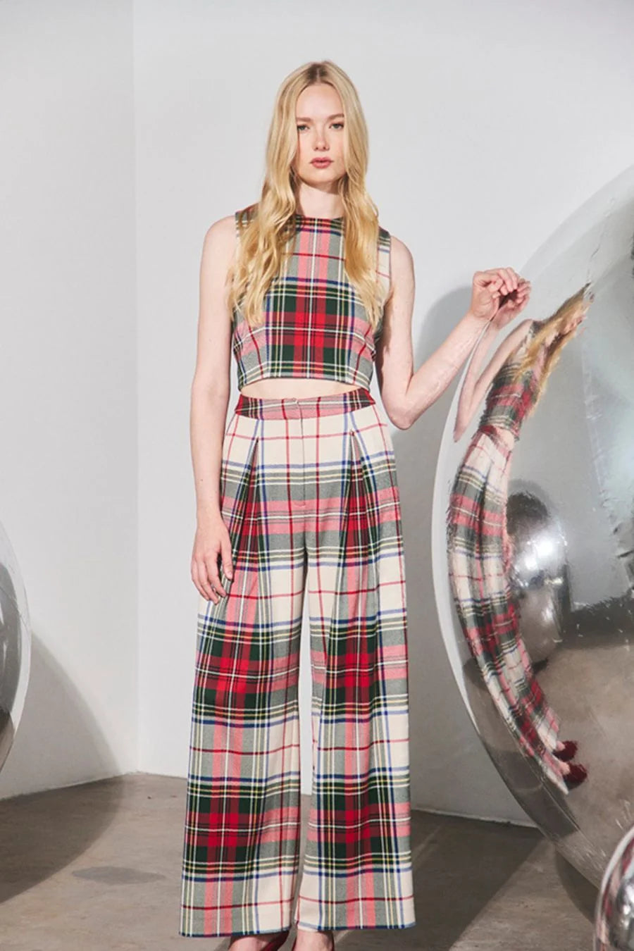 Sleeveless plaid crop top and matching Ridley Pant wide-leg trousers with front fly zipper by Bungalow.