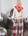 Red and white après-ski sweater and wide-leg plaid Ridley Pant with front fly zipper by Bungalow.