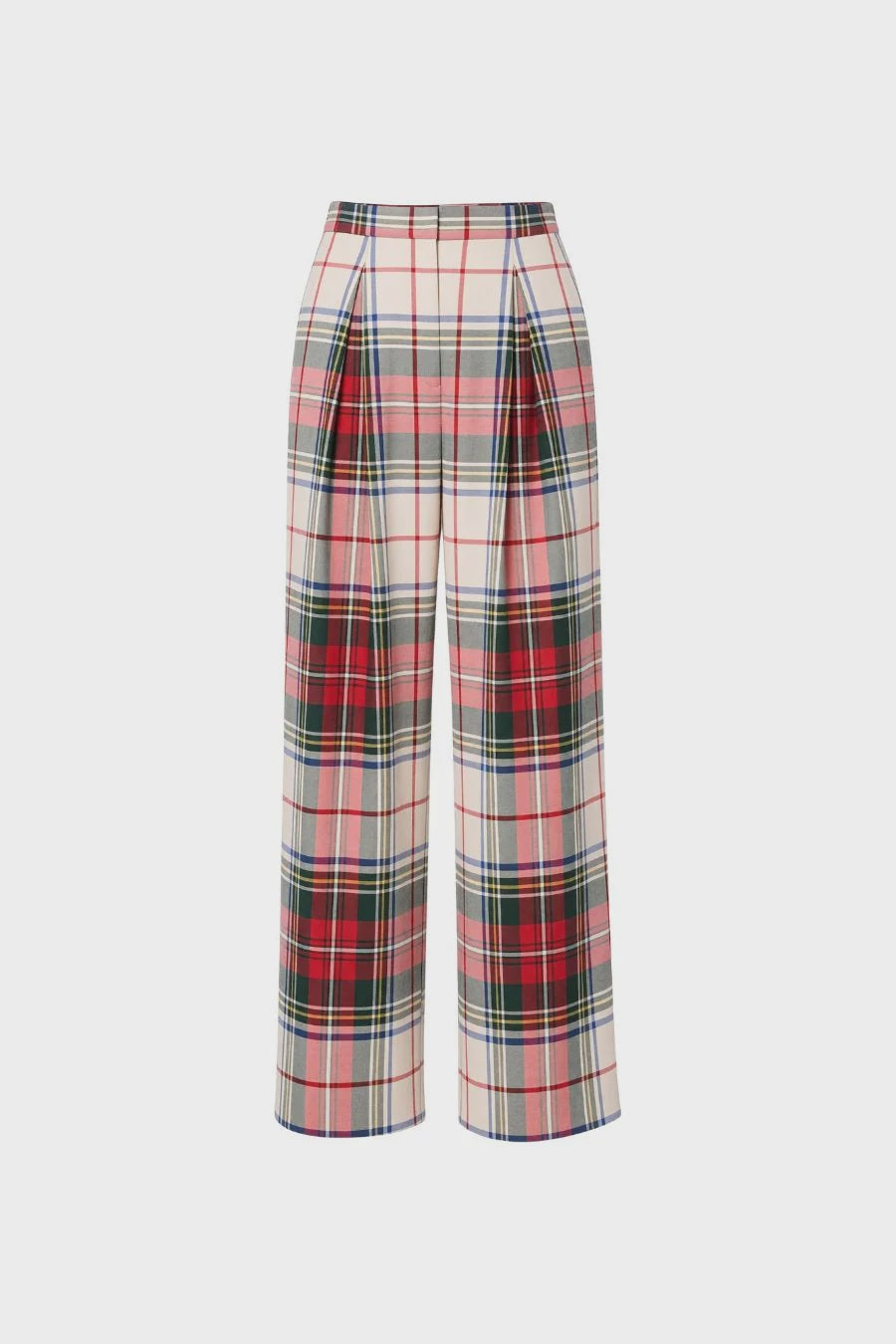 High-waisted, wide-leg trousers in red, green, and blue plaid with a 32″ inseam, Hunter Bell NYC Ridley Pant.