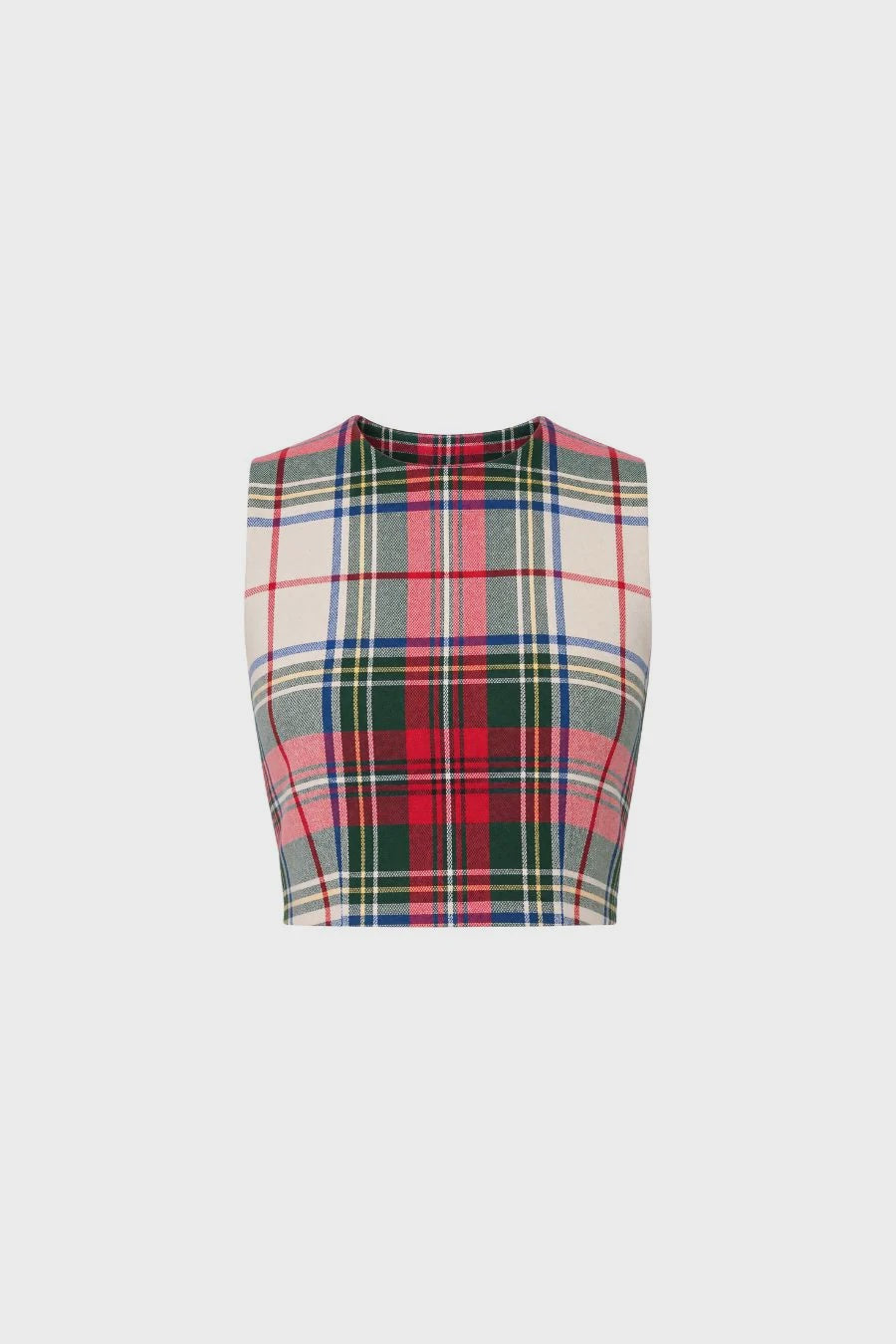 Sleeveless cropped plaid top by Hunter Bell NYC featuring velvet bows and a back zipper in red, green, blue, and cream.