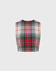 Sleeveless cropped plaid top by Hunter Bell NYC featuring velvet bows and a back zipper in red, green, blue, and cream.