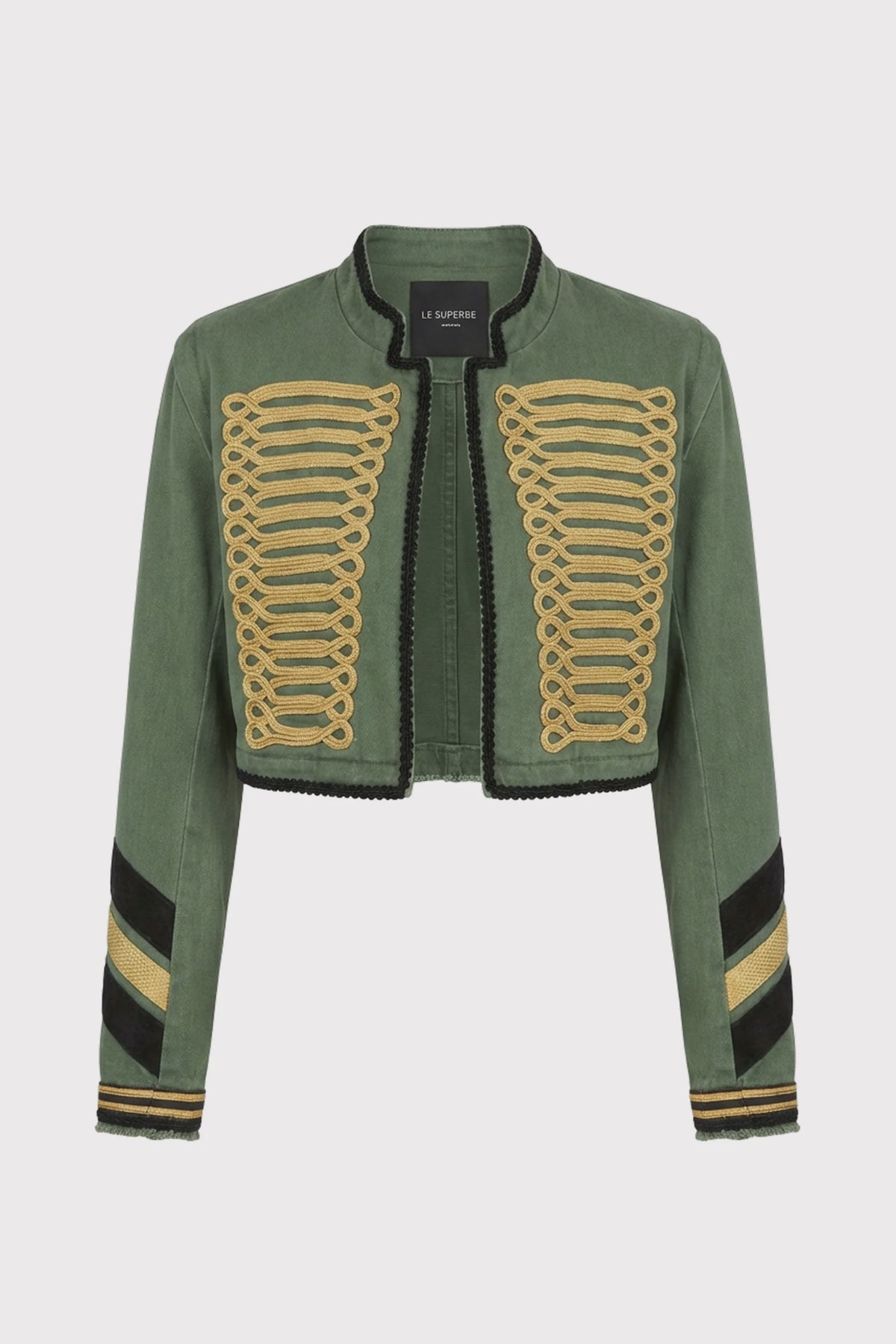 Cropped olive green Le Superbe Salute Jacket with gold braided chest detailing and striped sleeve cuffs.