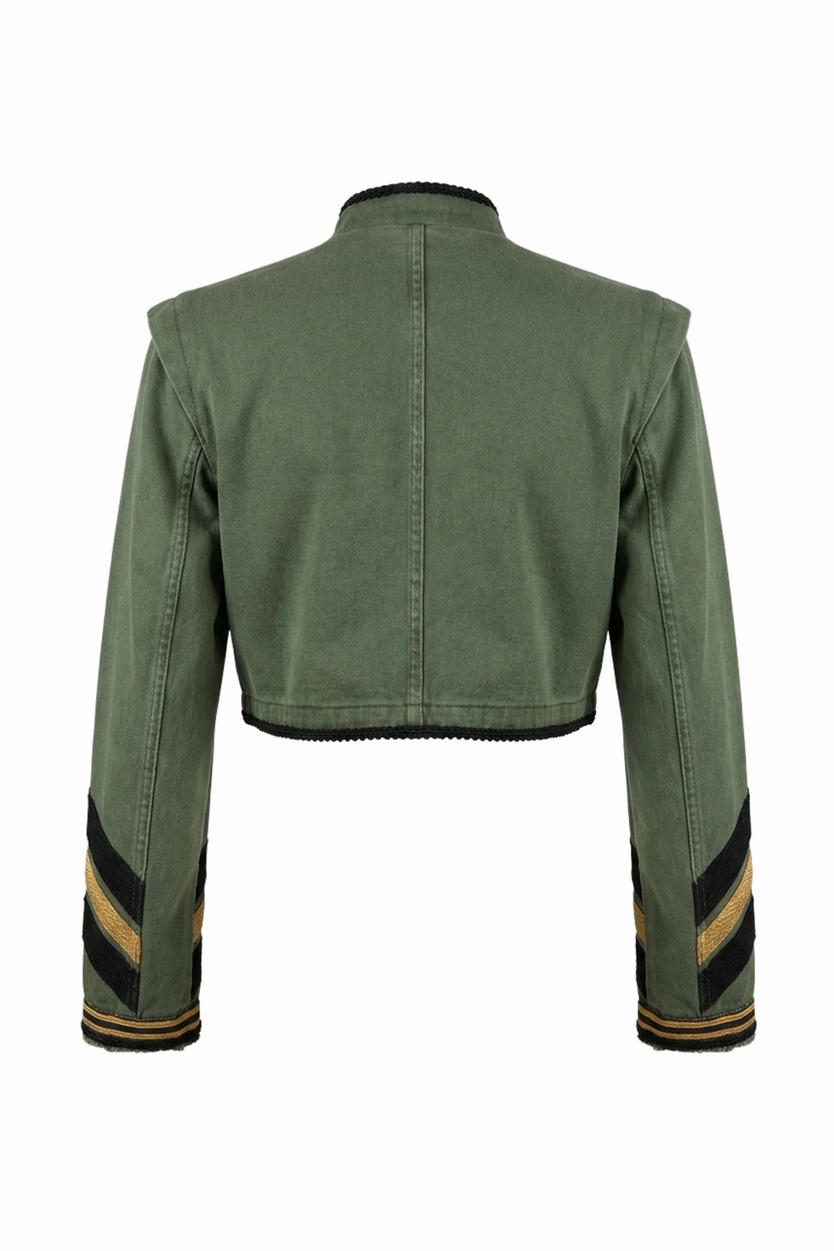 Le Superbe Salute cropped jacket in olive green with black and gold sleeve trim, made in Los Angeles.