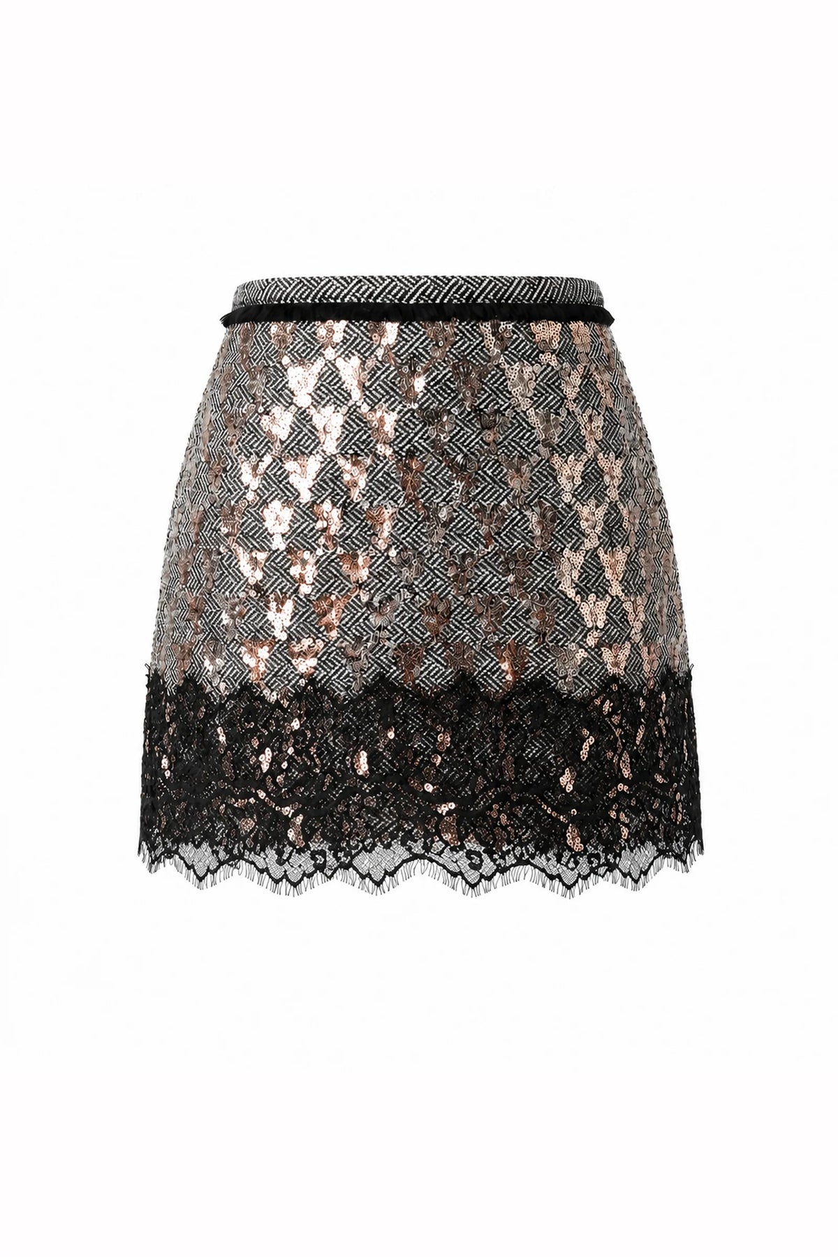 Le Superbe Pyramid mini skirt in metallic herringbone sequins with a black scalloped lace hem.