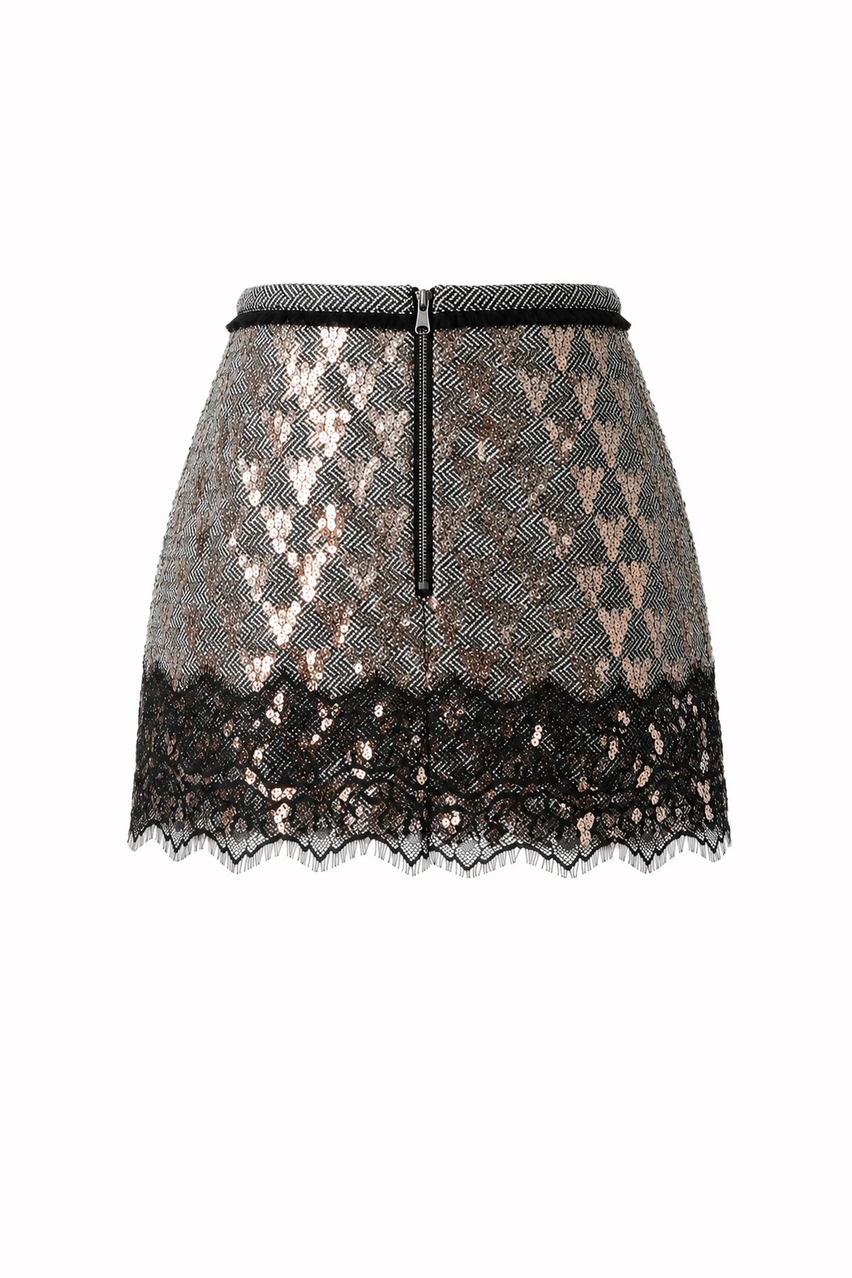 Le Superbe Pyramid Skirt in black and white zigzag with rose gold sequins, black lace hem, and back zipper.