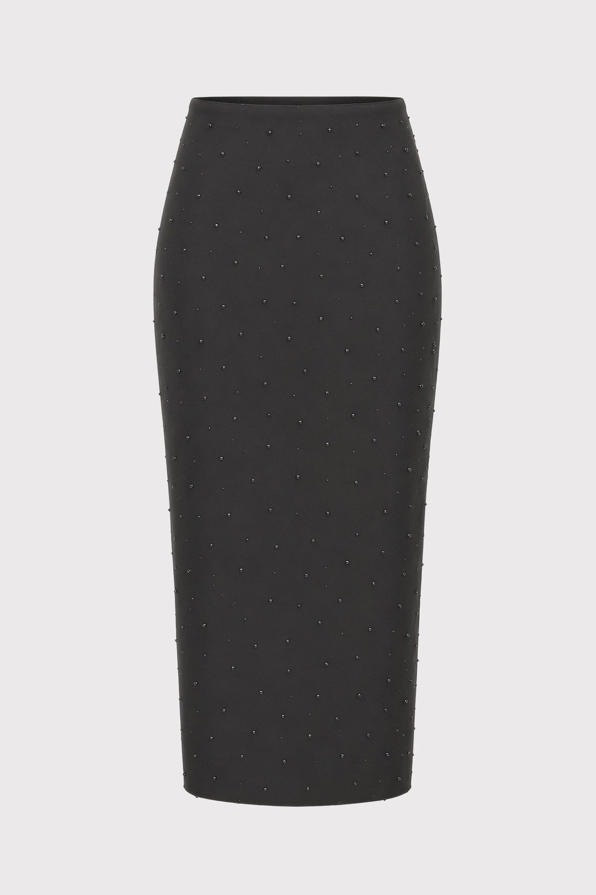 Jet Set Liza high-waisted midi skirt in black with scattered rhinestones.