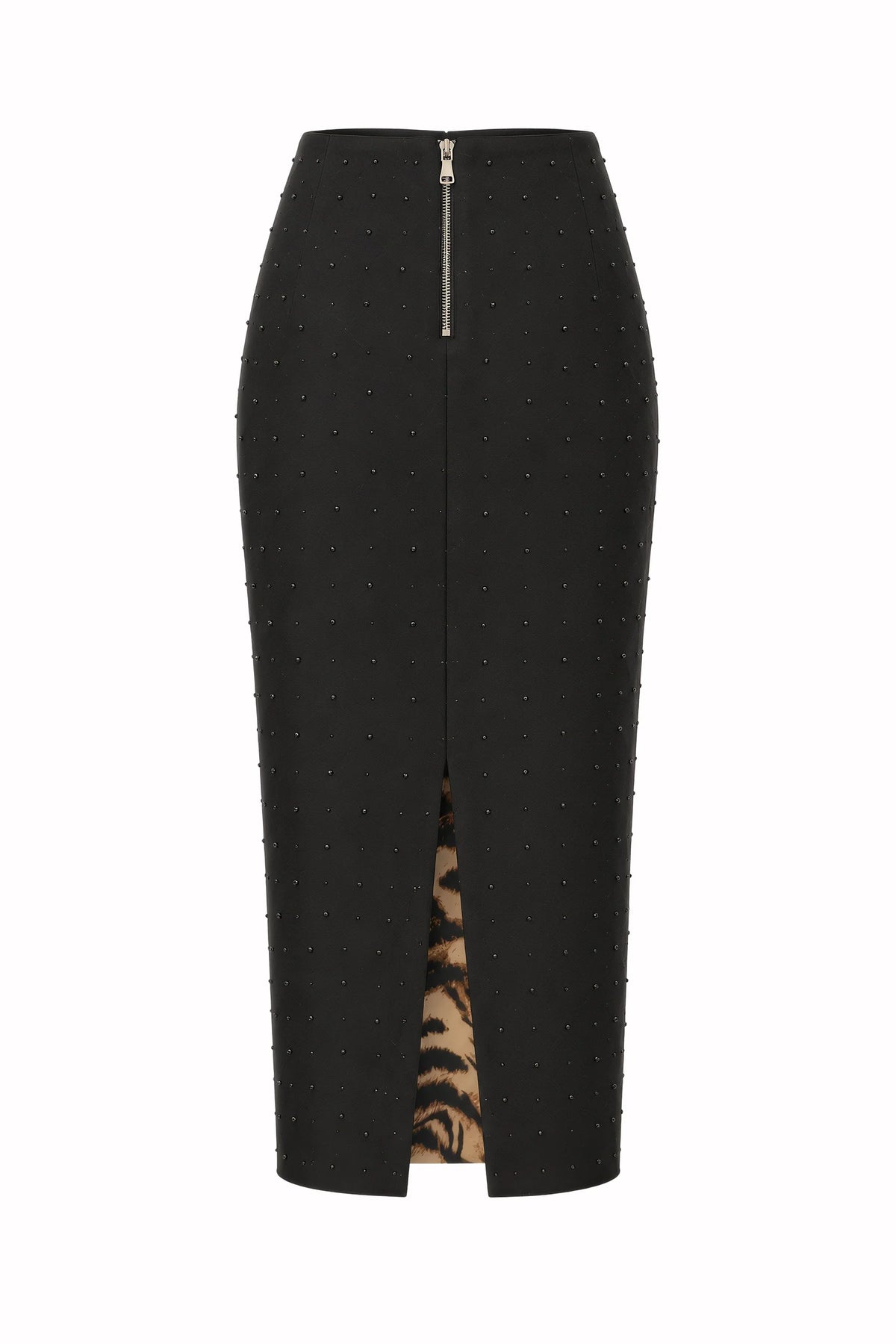 Le Superbe Jet Set Liza midi skirt in black with a front zipper, scattered studs, and a visible leopard print lining.