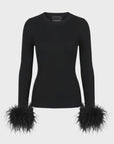 Black ribbed crew neck sweater with feather-trimmed cuffs by Le Superbe.