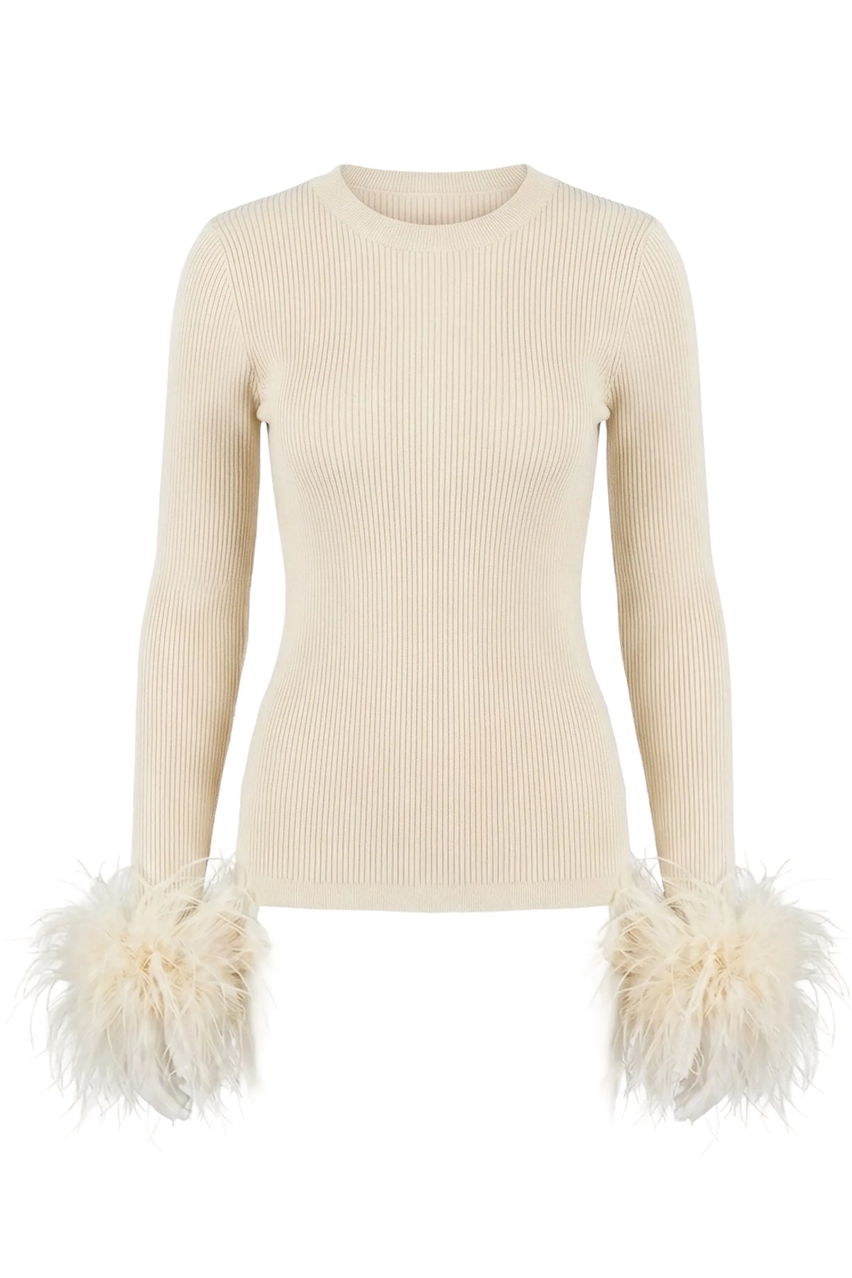 Off-white ribbed Extra Crew Neck Sweater with feather trim at the cuffs by Bungalow Furniture &amp; Accessories.