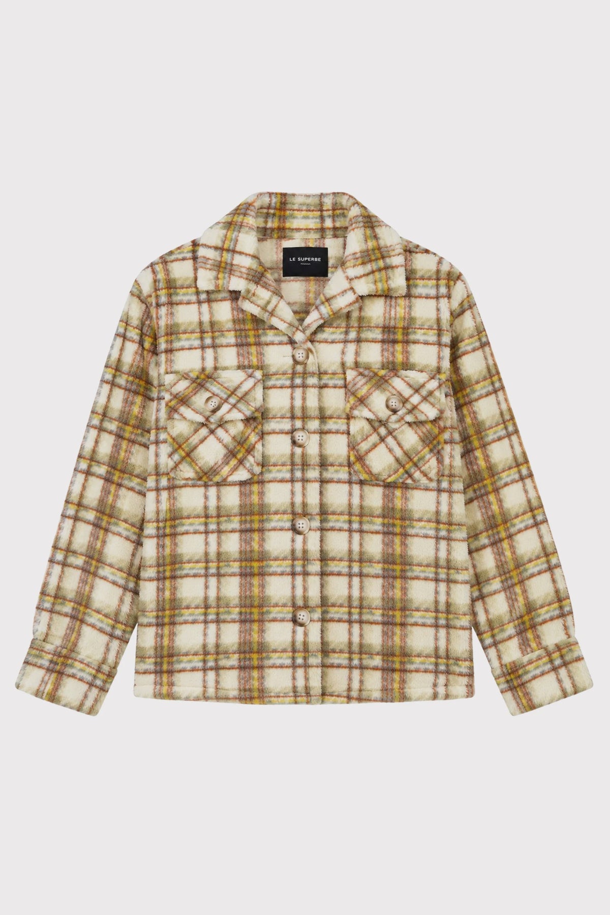 Oversized cream, yellow, and brown plaid faux fur shacket with chest pockets by Le Superbe.
