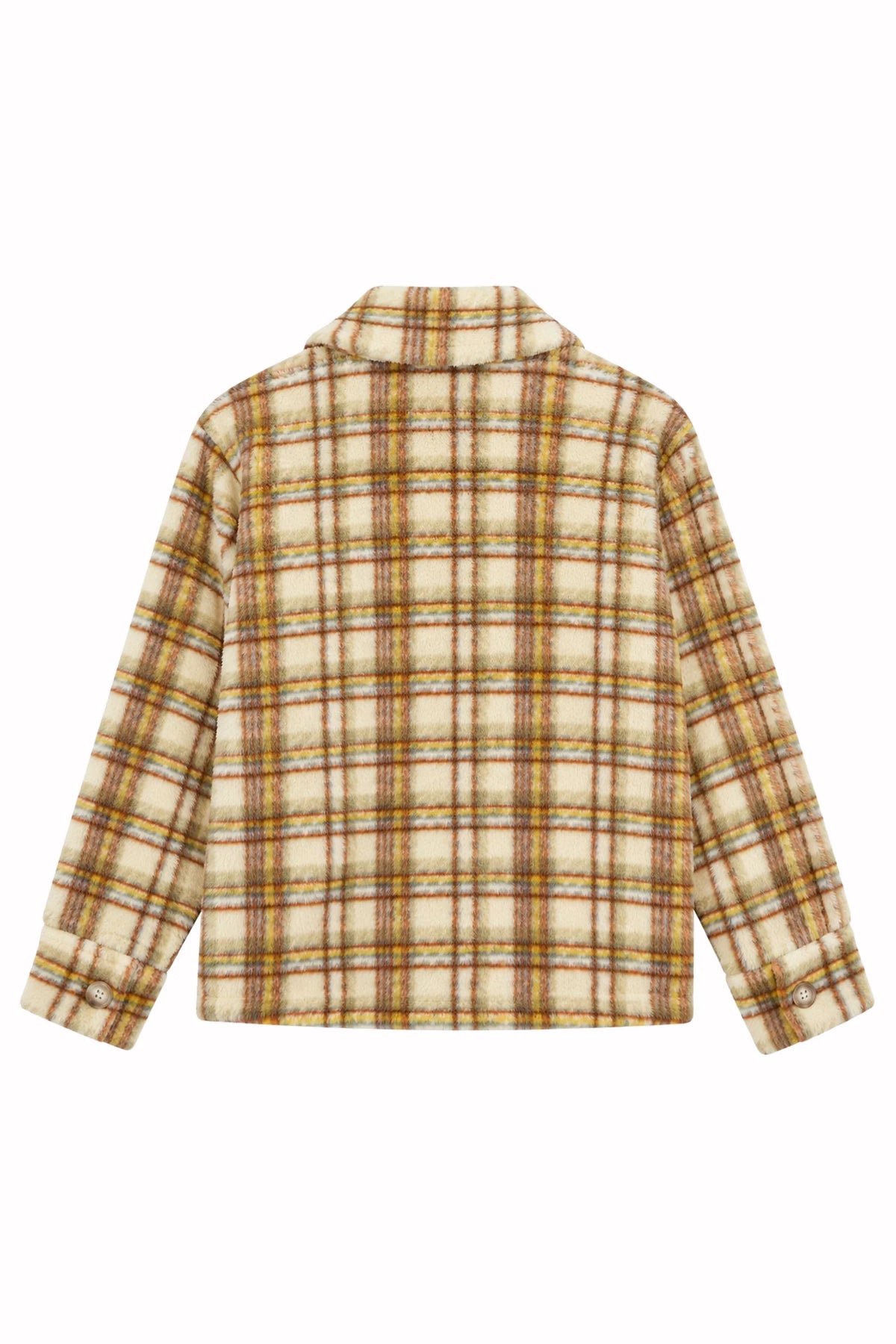 Oversized cream, tan, and brown plaid shacket from Le Superbe, shown from the back with collar and cuffs.