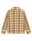 Oversized cream, tan, and brown plaid shacket from Le Superbe, shown from the back with collar and cuffs.