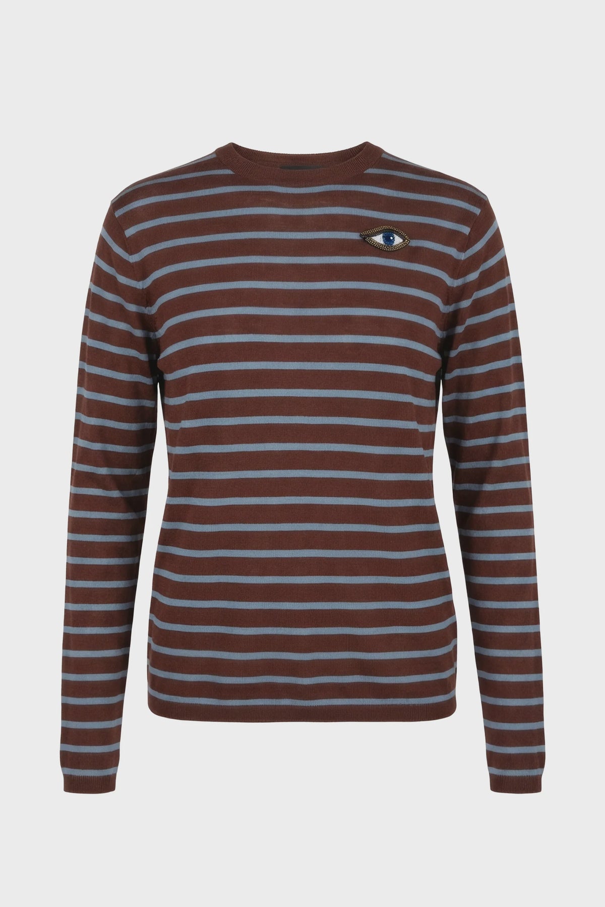 See You Stripe Jumper in bordeaux and light blue wool with a crewneck and embroidered eye motif.