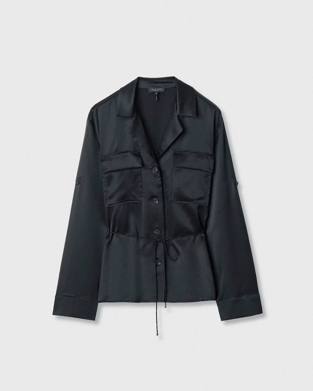 Black silk long-sleeve blouse with buttons, chest pockets, and adjustable waist by Rag & Bone.
