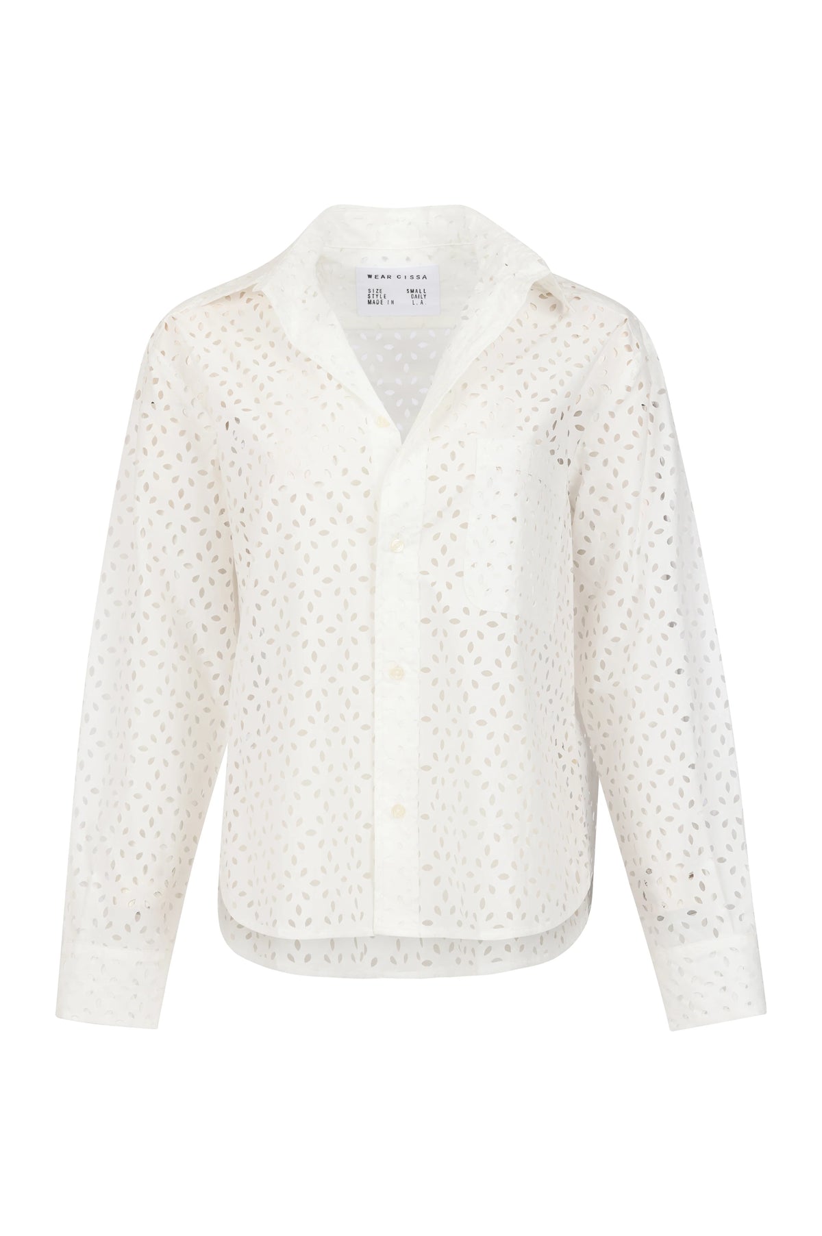 The Daily Shirt by Cissa is a white, long-sleeve button-up with a collar, subtle leaf-pattern eyelets, single chest pocket, and crafted from airy PAPER COTTON for a relaxed, semi-sheer look.