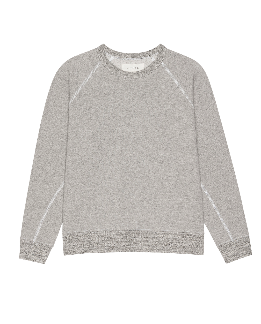 The Great Inc. Fleece Rookie Sweatshirt in light gray features long sleeves and visible seam details, shown laid flat on a white background.