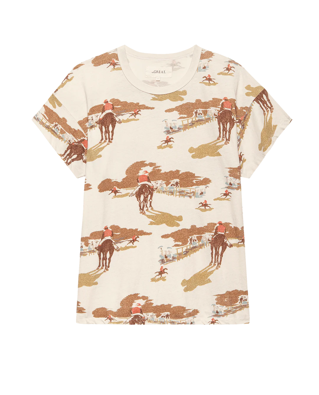 The Boxy Crew by The Great Inc. is a cream 100% cotton short-sleeve tee featuring a vintage-inspired all-over print of horseback riders and scenic backgrounds in brown, tan, and muted red hues.