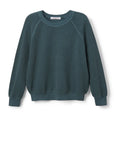The Ziggy Reverse LS Sweatshirt by Perfectwhitetee in teal features bracelet-length sleeves, ribbed cuffs and hem, and is made from soft, textured cotton fleece. Displayed against a plain white background.