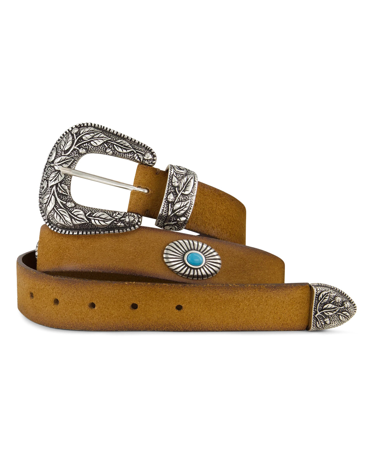Leather belt with floral buckle, silver tip, and turquoise concho details by Post & Co in cognac brown.
