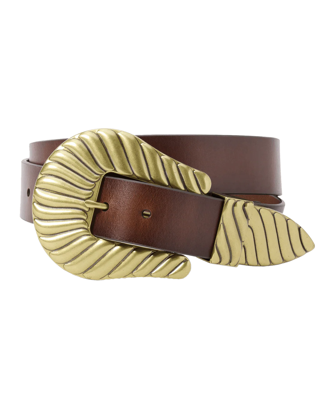 The Great Inc. presents The Big Buckle Belt, made from top-grain leather with a large fluted gold buckle and pointed tip—both featuring elegant ribbed, curved designs.