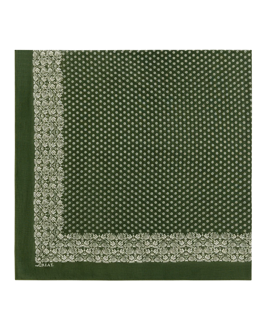 Olive green cotton Big Bandana featuring a white floral pattern and paisley border by Bungalow Furniture &amp; Accessories.