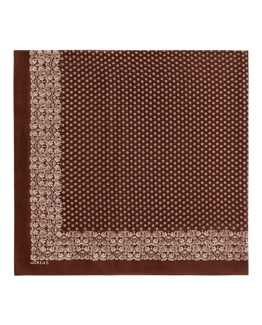 The Big Bandana in chocolate with a small white floral print and detailed paisley border from Bungalow.