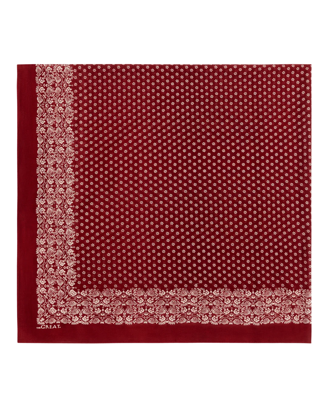 Maroon cotton Big Bandana featuring a white floral print and decorative paisley border by Bungalow.