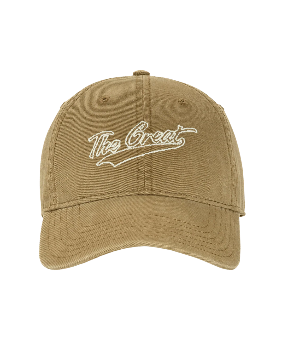The Great Inc.'s The Baseball Hat features vintage white "The Great" embroidery on khaki, an adjustable strap for a perfect fit, and is displayed against a plain white background.
