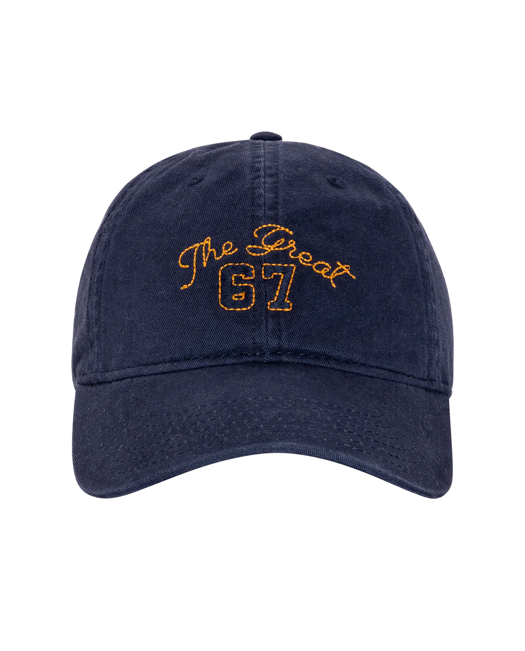 The Baseball Hat by The Great Inc. is a navy blue cap with vintage embroidery, featuring "The Great 67" in yellow on the front and an adjustable strap, displayed on a plain white background.